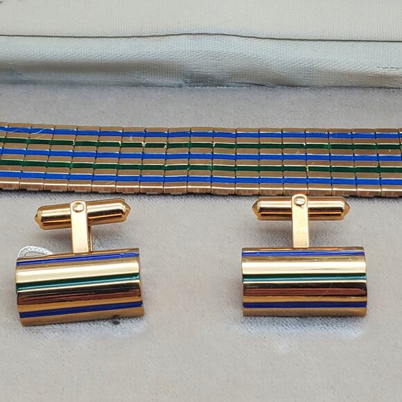 Destino Cufflinks Enamel Stripes Watch Band Retro Mens 1/20 10K Gold Filled MCM - Picture 11 of 12